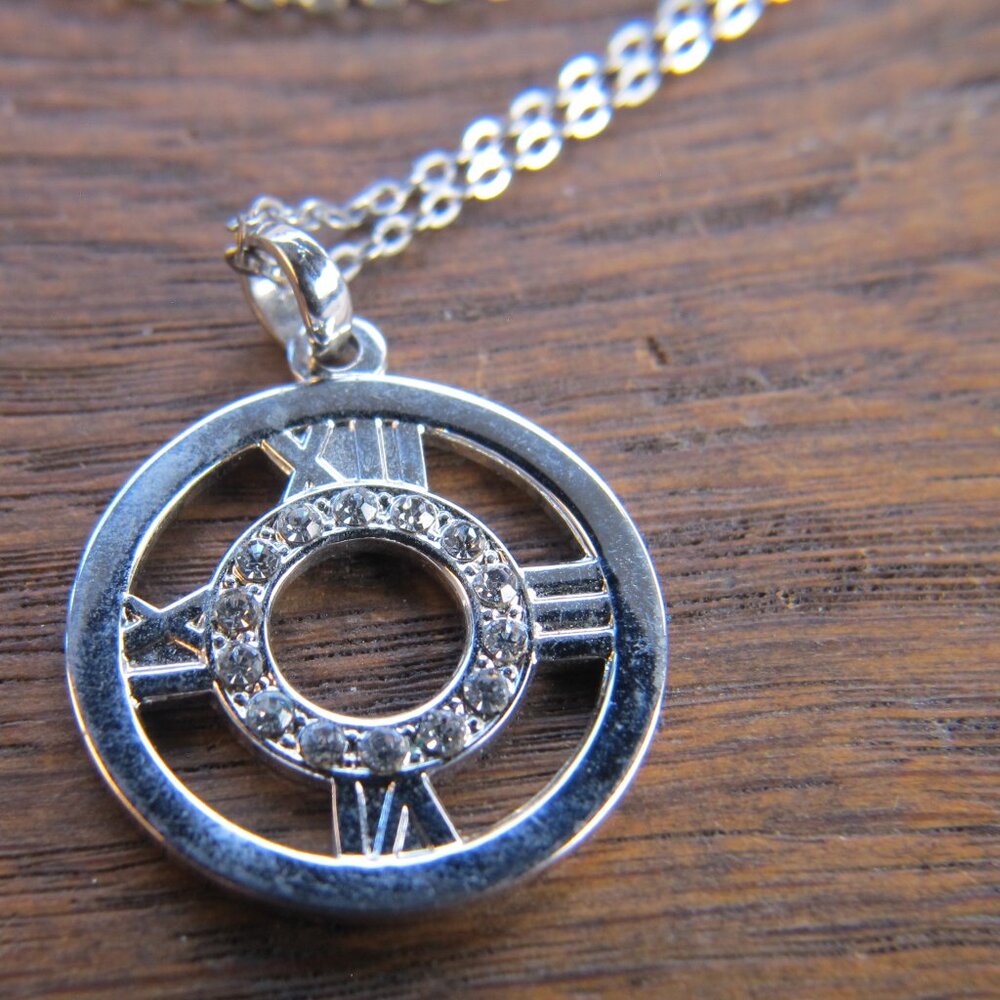 Silvertone Clockface-style pendant w/ crystals. Vintage.